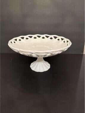 Vintage Milk Glass Pedastal Fruit Bowl, Scalloped Reticulated Trim 13” W X 6.75”
